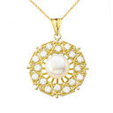 Elegant Designer Pearl Filigree Pendant Necklace in Yellow Gold