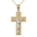 Solid Two Tone Yellow Gold The Lord's Our Father Prayer Crucifix Pendant Necklace