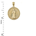 Solid Yellow Gold Engravable Diamond Saint Anthony Pray For Us Circle Pendant Necklace 1.17"