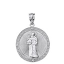 Sterling Silver Engravable CZ Saint Anthony Pray For Us Circle Pendant Necklace  1.17"