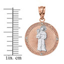 Solid Two Tone Rose Gold Engravable Diamond Saint Anthony Pray For Us Circle Pendant Necklace 1.06"