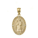 Solid Yellow Gold Engravable Diamond Saint Anthony Pray For Us Oval Pendant Necklace 1.04"