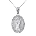 Solid White Gold Engravable Diamond Saint Anthony Pray For Us Oval Pendant Necklace 1.04"