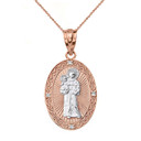 Solid Two Tone Rose Gold Engravable Diamond Saint Anthony Pray For Us Oval Pendant Necklace 1.04"