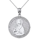 Solid White Gold Engravable Diamond Saint  Augustine Circle Pendant Necklace  1.17"