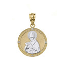Solid Two Tone Yellow Gold Engravable Diamond Saint  Augustine Circle Pendant Necklace 1.06"