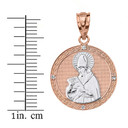 Solid Two Tone Rose Gold Engravable Diamond Saint  Augustine Circle Pendant Necklace 1.06"