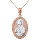 Solid Two Tone Rose Gold Engravable Diamond Saint  Augustine Oval Pendant Necklace  1.20"