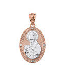 Solid Two Tone Rose Gold Engravable Diamond Saint  Augustine Oval Pendant Necklace  1.20"