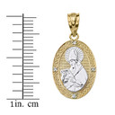 Solid Two Tone Yellow Gold Engravable Diamond Saint Augustine Oval Pendant Necklace 1.04"