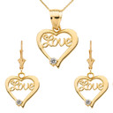 14K "Love" Script Diamond Heart Pendant Necklace Set (Available in Yellow/Rose/White Gold)