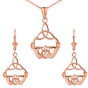 14K Diamond Claddagh Trinity Knot Pendant Necklace Set in Rose Gold