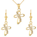 Dainty Modern Cross Cubic Zirconia Pendant Necklace Set in Yellow Gold