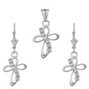 14K Dainty Modern Cross Cubic Zirconia Pendant Necklace Set in White Gold