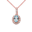 Cubic Zirconia & Genuine Aquamarine Pendant Necklace in Rose Gold