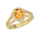 Double Raw Halo Pear Shape Genuine Checkerboard Citrine Ring in Gold (Available in Yellow/Rose/White Gold)