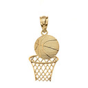 Gold Textured Basketball Hoop Sports Pendant Necklace (Yellow/Rose/White)