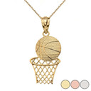 Gold Textured Basketball Hoop Sports Pendant Necklace (Yellow/Rose/White)