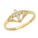 Heart with Cubic Zirconia Studded Cross Ring in Gold (Available in Yellow/Rose/White Gold)