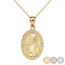 Engravable Diamond Saint Valentine Pray For Us Oval Pendant Necklace  (1.04") in Gold (Yellow/Rose/White)