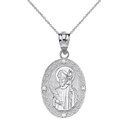 Solid White Gold Engravable Diamond Saint Valentine Pray For Us Oval Pendant Necklace  (1.04")