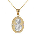 Solid Two Tone Yellow Gold Engravable Diamond Saint Valentine Pray For Us Oval Pendant Necklace  (1.04")