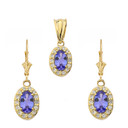 Diamond and Tanzanite Oval Pendant Necklace and Earrings Set in Yellow Gold