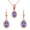  Diamond and Tanzanite Oval Pendant Necklace and Earrings Set 14K in Rose Gold 