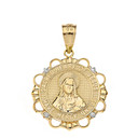 Solid Yellow Gold Diamond Sacred Heart of Jesus Have Mercy on Us Circle Pendant Necklace
