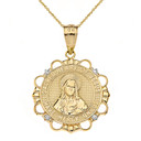 Solid Yellow Gold Diamond Sacred Heart of Jesus Have Mercy on Us Circle Pendant Necklace