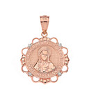 Solid Rose Gold Diamond Sacred Heart of Jesus Have Mercy on Us Circle Pendant Necklace