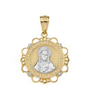 Solid Two Tone Yellow Gold Diamond Sacred Heart of Jesus Have Mercy on Us Circle Pendant Necklace