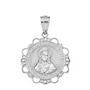 Sterling Silver CZ Sacred Heart of Jesus Have Mercy on Us Circle Pendant Necklace