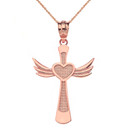 Solid Rose Gold Winged Heart Cross Pendant Necklace