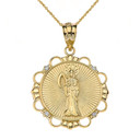 Solid Yellow Gold Diamond Santa Muerte Circle Pendant Necklace