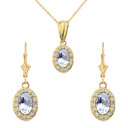 Diamond and Aquamarine Oval Pendant Necklace and Earrings Set in Yellow Gold