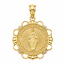 Solid Gold Diamond Mary Immaculate Miraculous Medal Circle Pendant Necklacercle  (Available In Yellow/Rose/White/Two Tone Gold Gold)