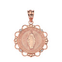 Solid Rose Gold Diamond Mary Immaculate Miraculous Medal Circle Pendant Necklace