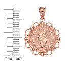 Solid Rose Gold Diamond Mary Immaculate Miraculous Medal Circle Pendant Necklace