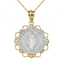Solid Two Tone Yellow Gold Diamond Mary Immaculate Miraculous Medal Circle Pendant Necklace
