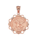 Solid Rose Gold Diamond Saint Michael Pray For Us Circle Pendant Necklace