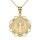 Solid Yellow Gold Diamond Saint Francis Pray For Us Circle Pendant Necklace