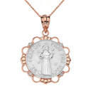 Solid Two Tone Rose Gold Diamond Saint Francis Pray For Us Circle Pendant Necklace