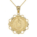 Solid Yellow Gold Diamond Our Lady of Guadalupe Pray For Us Circle Pendant Necklace
