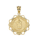 Solid Yellow Gold Diamond Our Lady of Guadalupe Pray For Us Circle Pendant Necklace