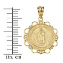 Solid Yellow Gold Diamond Our Lady of Guadalupe Pray For Us Circle Pendant Necklace