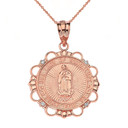 Solid Rose Gold Diamond Our Lady of Guadalupe Pray For Us Circle Pendant Necklace