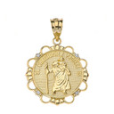 Solid Yellow Gold Diamond Saint Christopher Pray For Us Circle Pendant Necklace