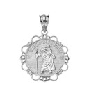 Solid White Gold Diamond Saint Christopher Pray For Us Circle Pendant Necklace