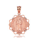 Solid Rose Gold Diamond Saint Anthony Pray For Us Circle Pendant Necklace